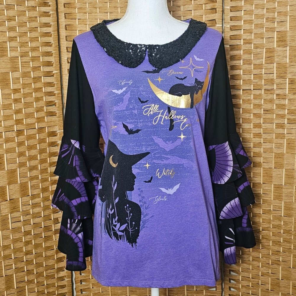 Halloween Witch Black Cat Upcycled Top Women's Size L - Picture 5 of 6